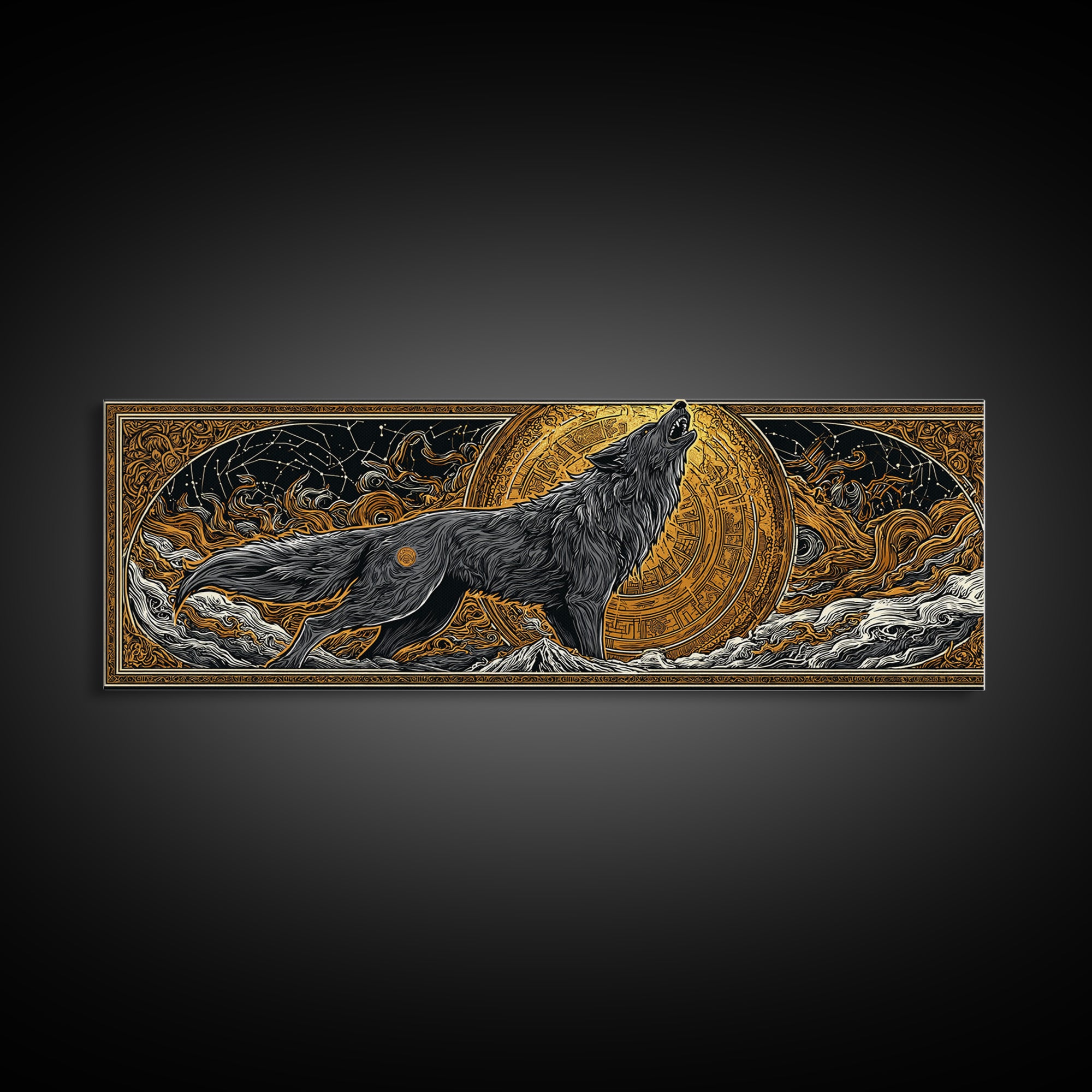 Fenrir Wolf of Ragnarok Canvas Gold Art Canvas Art, Norse Mythology Office Decor Man Cave Wall Art, with real wood frame