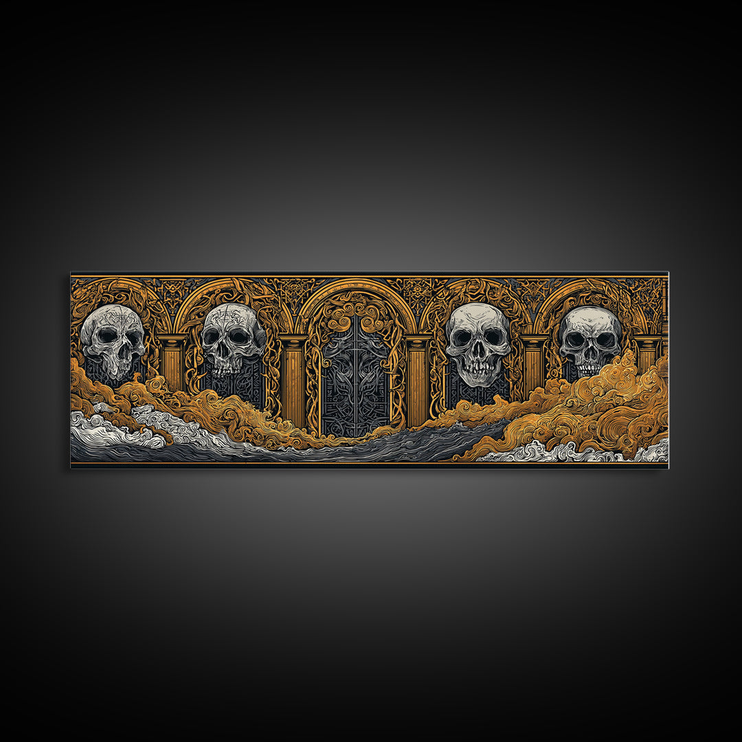 Helheim Canvas Gold Art, Norse Mythology Canvas Art with Nordic Skulls, Office Wall Decor for Men, Framed in Real Wood