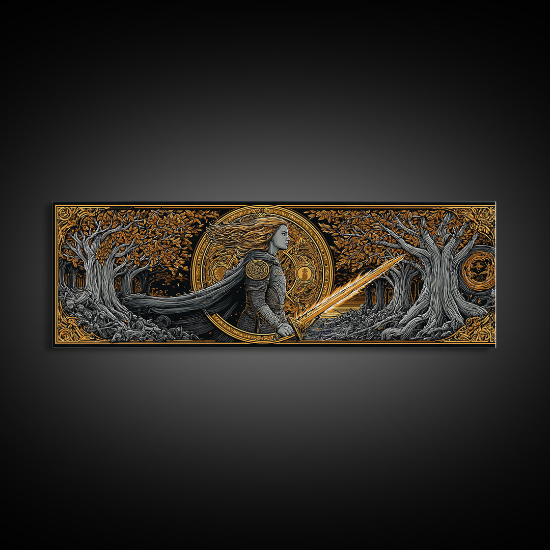 Hervor Nordic Warrior Goddess Canvas Gold Art, Mythology Inspired Canvas Art, Dad Gift or Office Art, Framed in Natural Wood