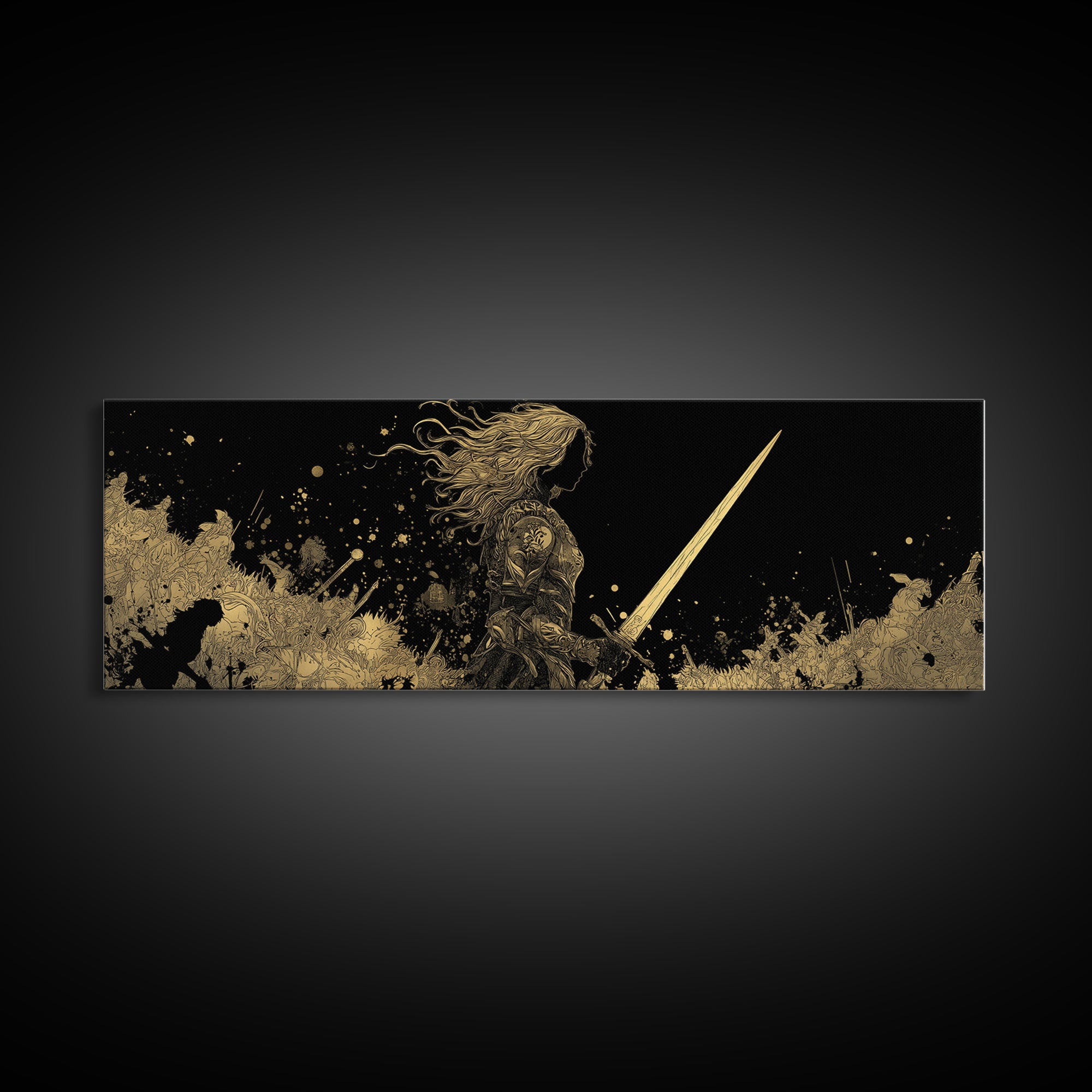 Hervor Warrior Canvas Gold Art, Viking Shieldmaiden Canvas Art, Nordic Mythology Office Decor, Natural Wood Frame Gift