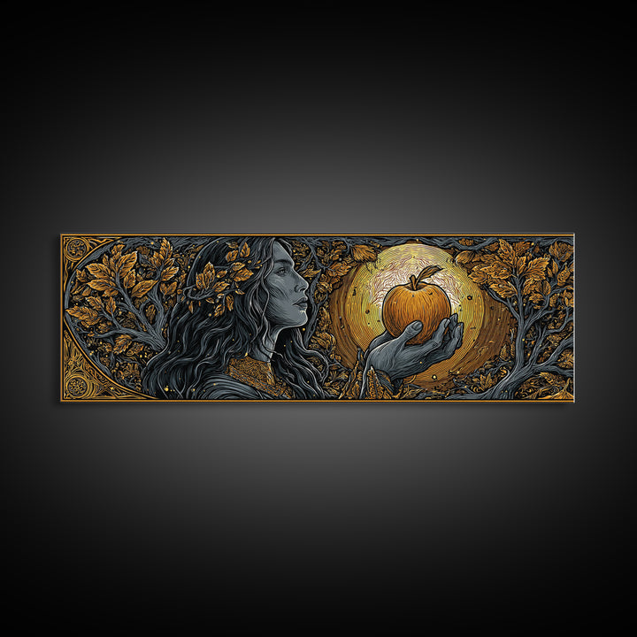 Idunn with Golden Apple Canvas Gold Art, Norse Mythology Goddess Canvas Art, Nordic Office Wall Decor, Real Wood Frame