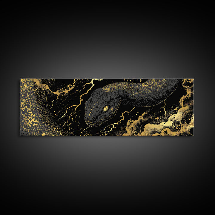 Jormungandr Serpent Canvas Gold Art, Norse Mythology Canvas Art, Viking Decor for Men’s Office or Man Cave, Real Wood Frame