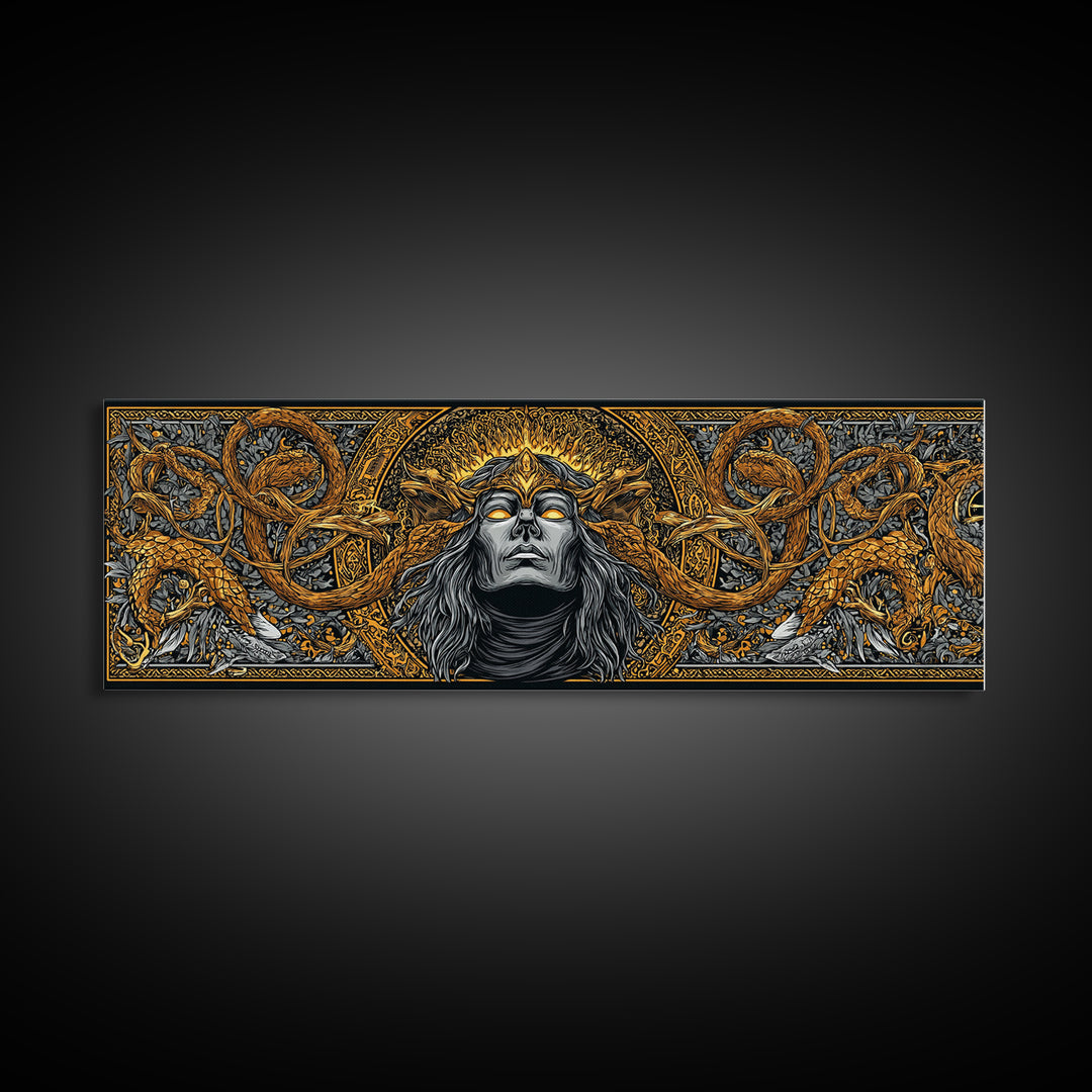 Norse Trickster Loki Canvas Art, Canvas Gold Art for Viking Lovers, Nordic Mythology Office or Dad Gift, Framed in Natural Wood