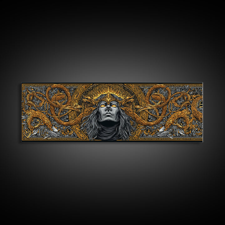 Norse Trickster Loki Canvas Art, Canvas Gold Art for Viking Lovers, Nordic Mythology Office or Dad Gift, Framed in Natural Wood