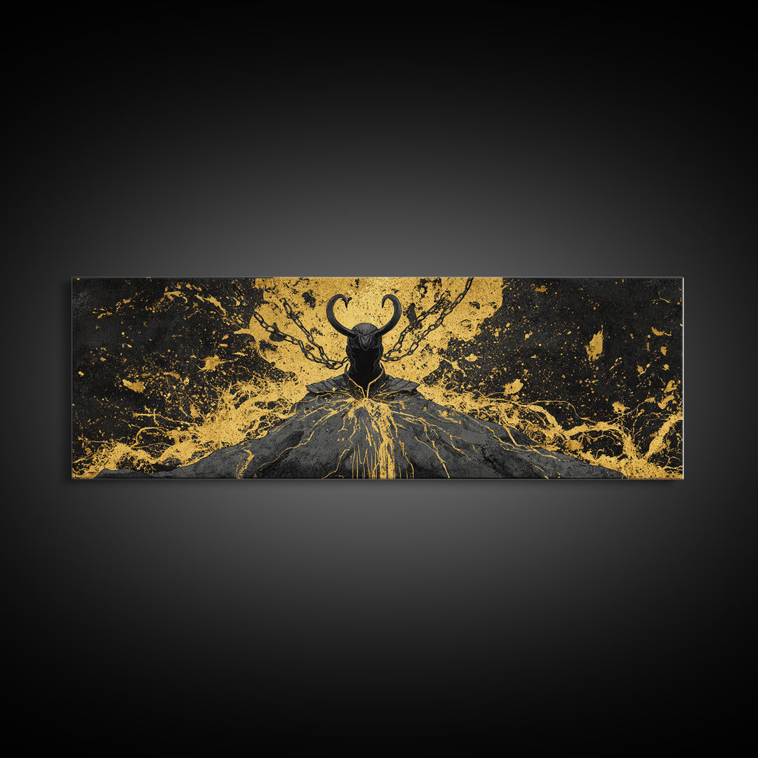 Loki God of Mischief Canvas Gold Art, Norse Mythology Canvas Art, Nordic Wall Decor for Man Cave or Office, Real Wood Frame