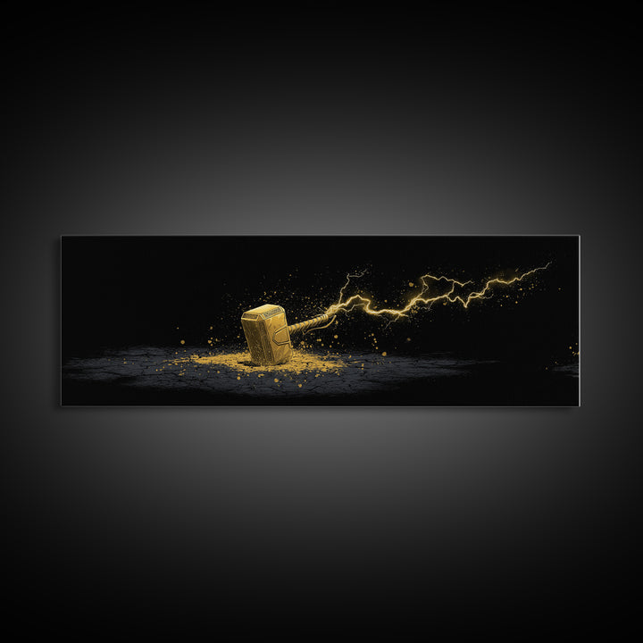 Canvas Gold Art Canvas Art – Thor’s Mjolnir with Lightning, Nordic Mythology Office Wall Art Dad Gift, natural wood framed