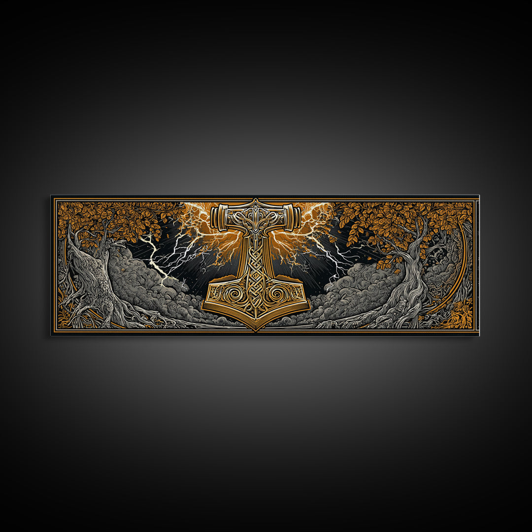 Mjolnir Canvas Gold Art Canvas Art – Thor’s Hammer Norse Mythology Wall Decor for Office or Man Cave, framed in real wood