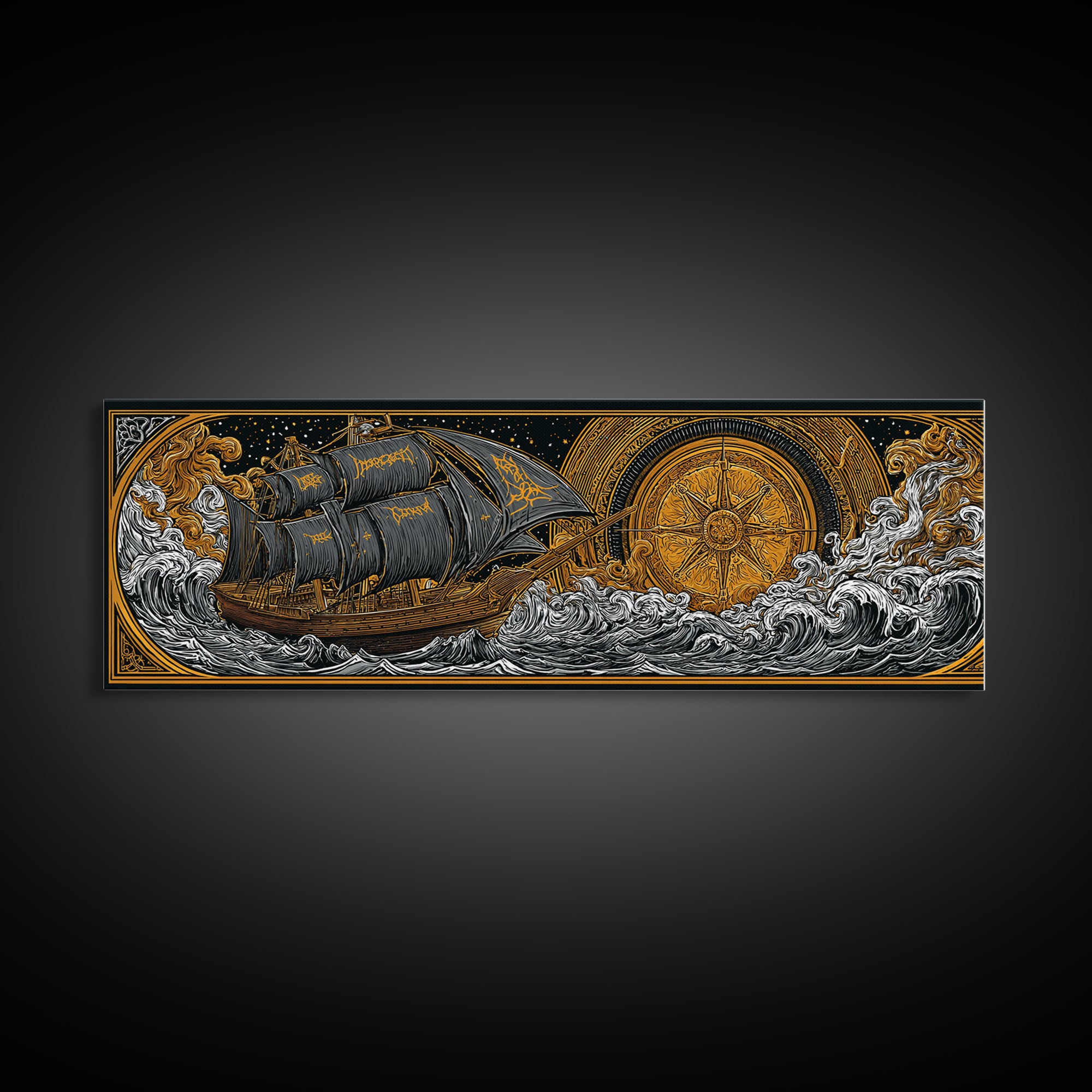 Nordic Naglfar Canvas Gold Art Canvas Art – Viking Ship at Sea, Norse Mythology Wall Decor Dad Gift, framed in genuine wood