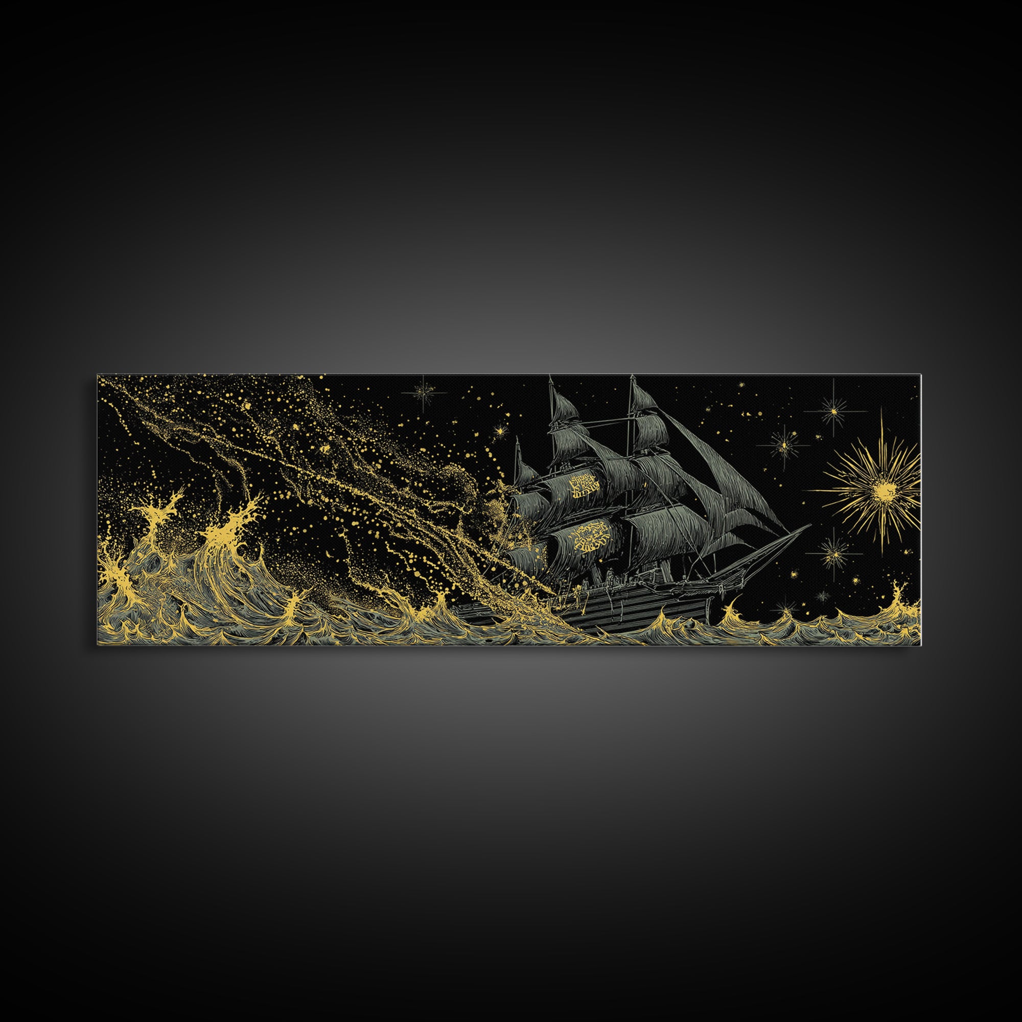 Naglfar Ship Canvas Art Canvas Gold Art – Viking Longship Norse Mythology Office Decor Man Cave Wall Hanging, real wood frame