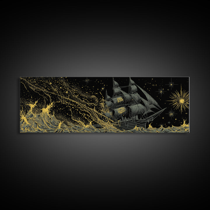 Naglfar Ship Canvas Art Canvas Gold Art – Viking Longship Norse Mythology Office Decor Man Cave Wall Hanging, real wood frame