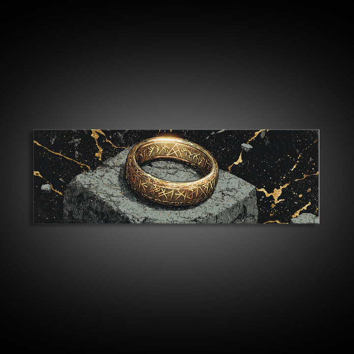 Norse Ring Canvas Gold Art Canvas Art – Nordic Mythology Jewelry Symbol, Viking Inspired Wall Decor Office Gift, natural wood frame