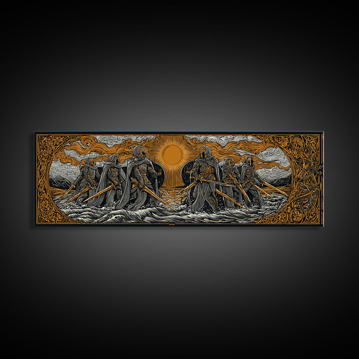 Norse Warriors Canvas Gold Art Canvas Art | Viking Battle Scene Wall Decor framed in natural wood | Man Cave or Office Gift