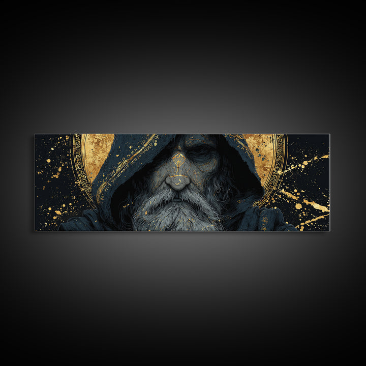 Canvas Gold Art of Odin Canvas Art | Viking God Wall Hanging framed in natural wood | Nordic Decor Gift for Men or Fathers