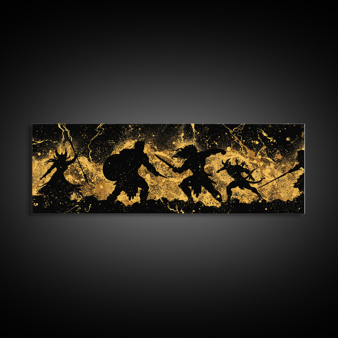 Ragnarok Nordic Myth Canvas Gold Art Canvas Art | Epic Viking Battle Scene Wall Decor with real wood frame | Office or Den Art
