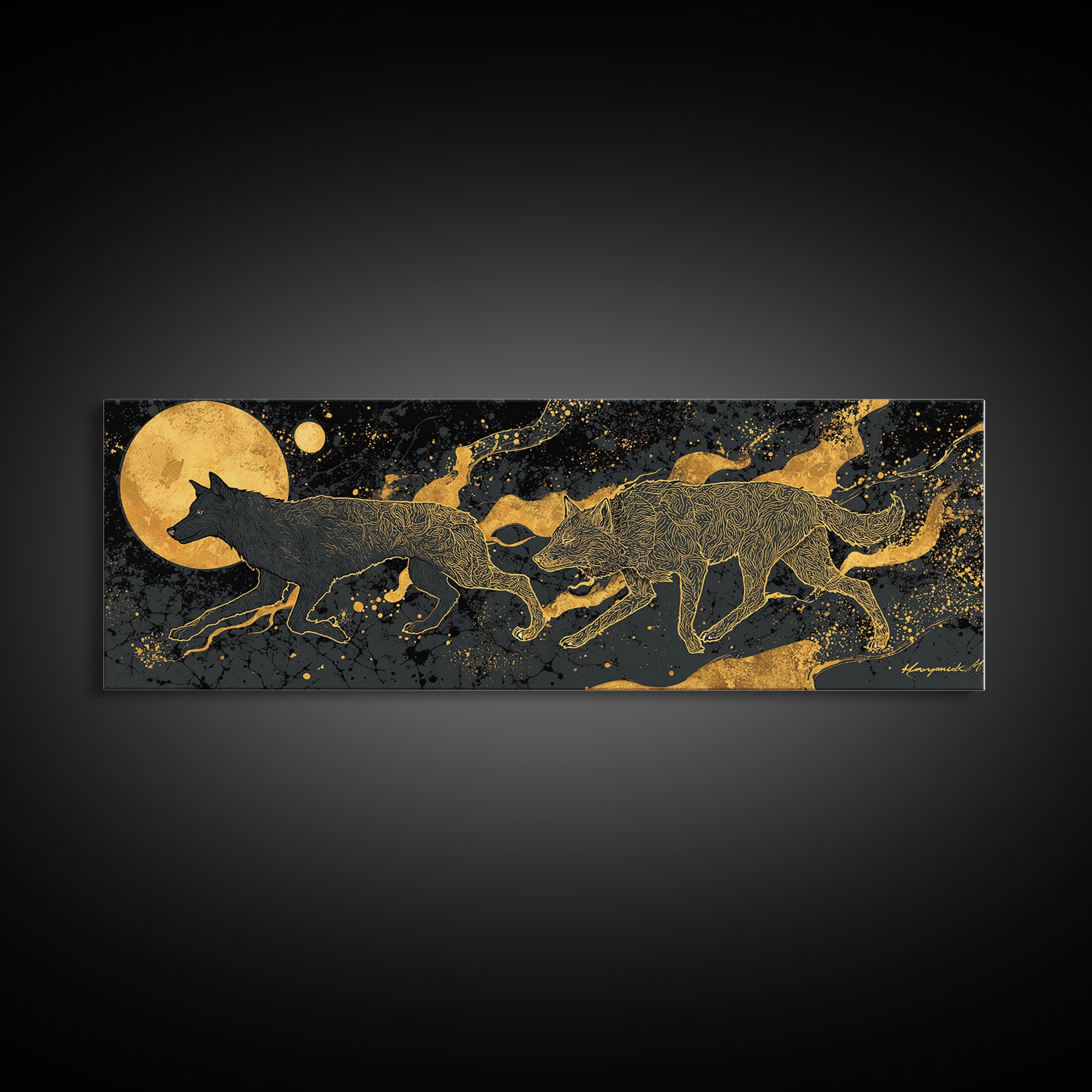 Sköll Wolf Canvas Gold Art Canvas Art | Norse Mythology Wolf of Ragnarok framed in wood | Nordic Decor for Man Cave or Office