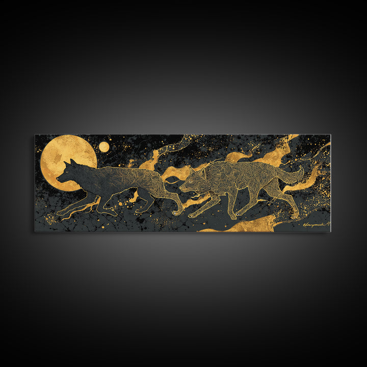 Sköll Wolf Canvas Gold Art Canvas Art | Norse Mythology Wolf of Ragnarok framed in wood | Nordic Decor for Man Cave or Office