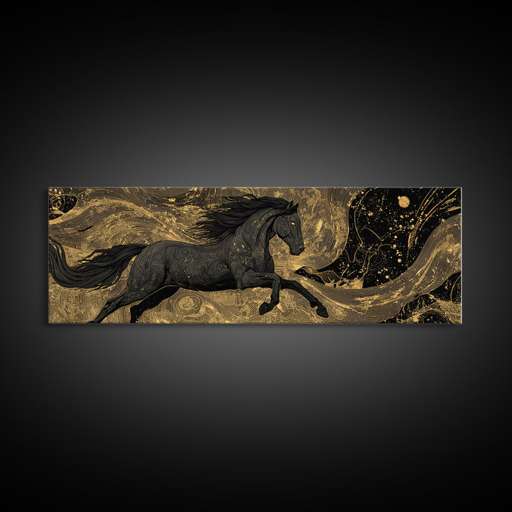 Canvas Gold Art Sköll and Hati Wolves Canvas Art | Norse Moon Chasing Myth Wall Art with natural wood frame | Dad Gift Office