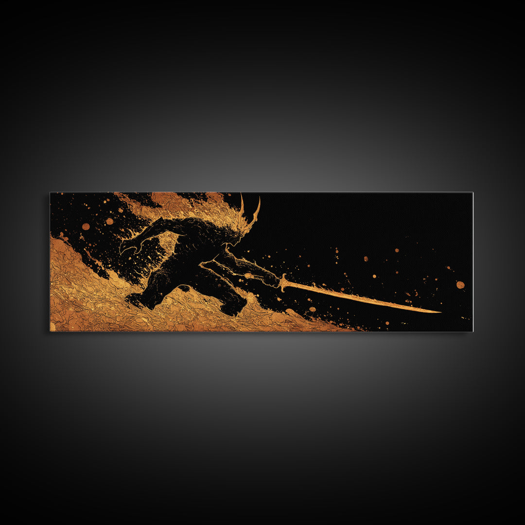 Canvas Gold Art Surtur Canvas Art | Norse Fire Giant Ragnarok Wall Decor framed in natural wood | Nordic Man Cave Office Gift