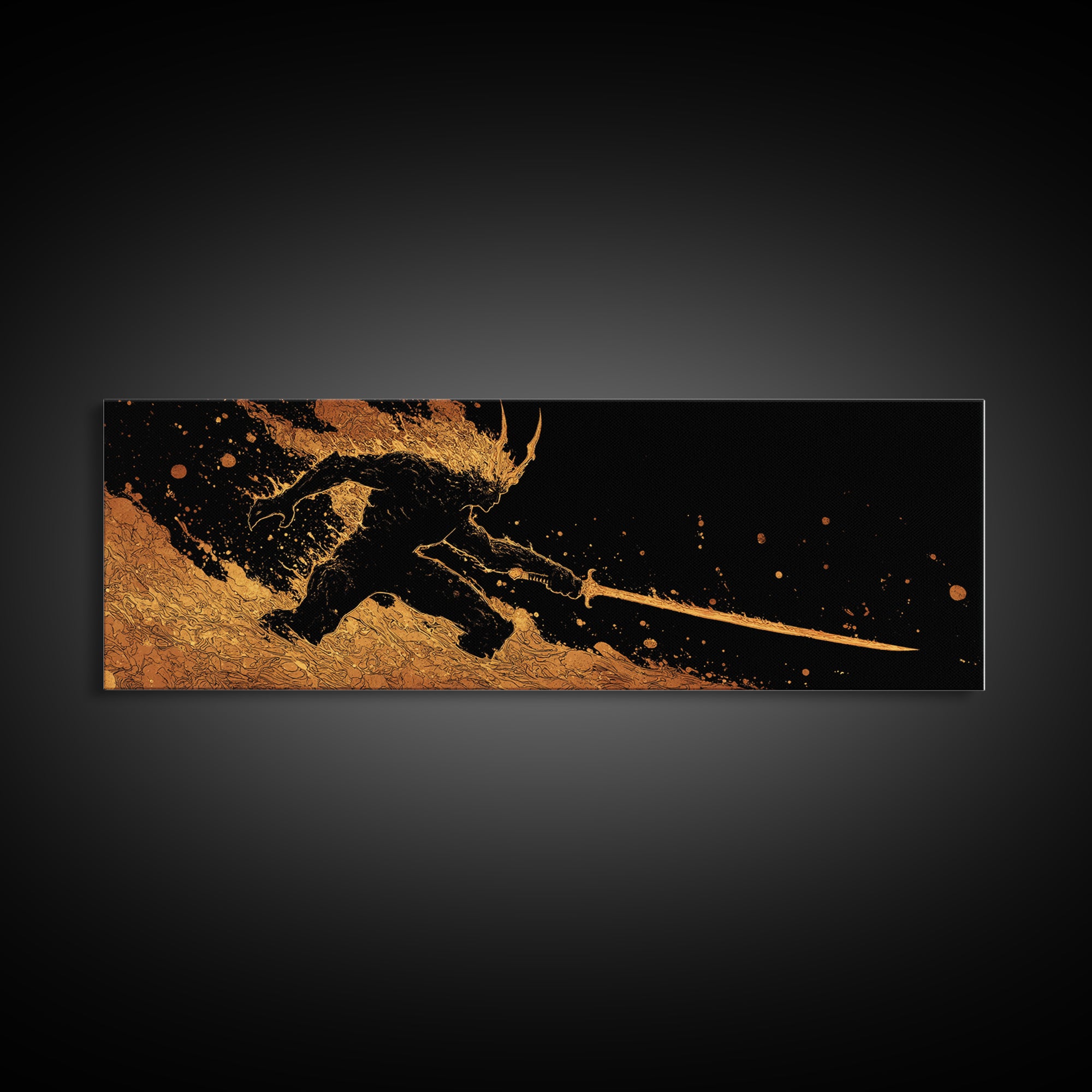 Canvas Gold Art Surtur Canvas Art | Norse Fire Giant Ragnarok Wall Decor framed in natural wood | Nordic Man Cave Office Gift