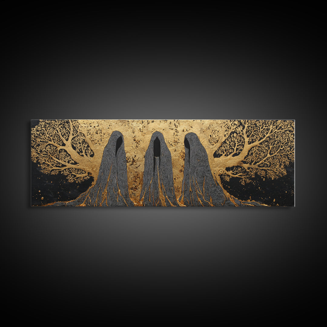 Nordic Norns Destiny Goddesses Canvas Gold Art Canvas Art for Viking Office Decor or Dad Gift, with authentic real wood frame