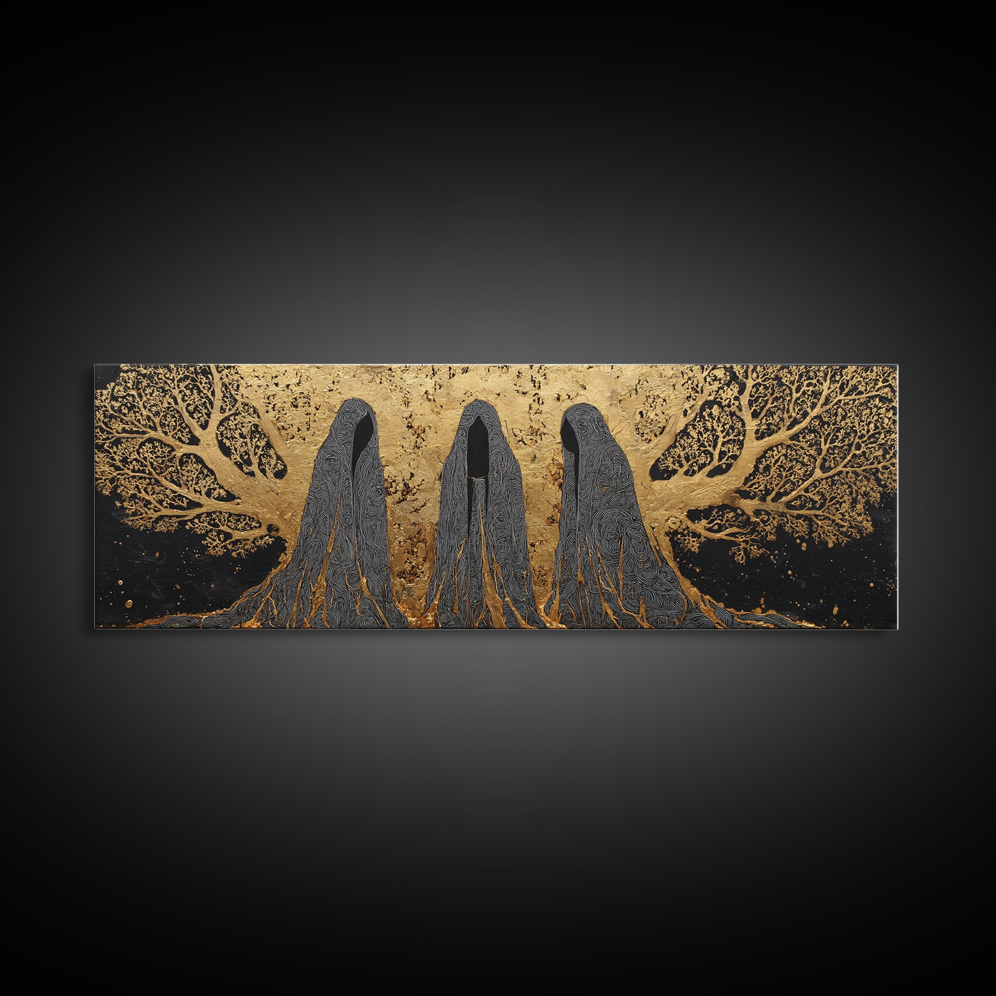 Nordic Norns Destiny Goddesses Canvas Gold Art Canvas Art for Viking Office Decor or Dad Gift, with authentic real wood frame