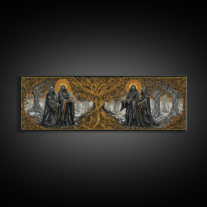 The Norns Canvas Gold Art Norse Mythology Canvas Art Wall Decor for Man Cave or Office, framed in handcrafted real wood