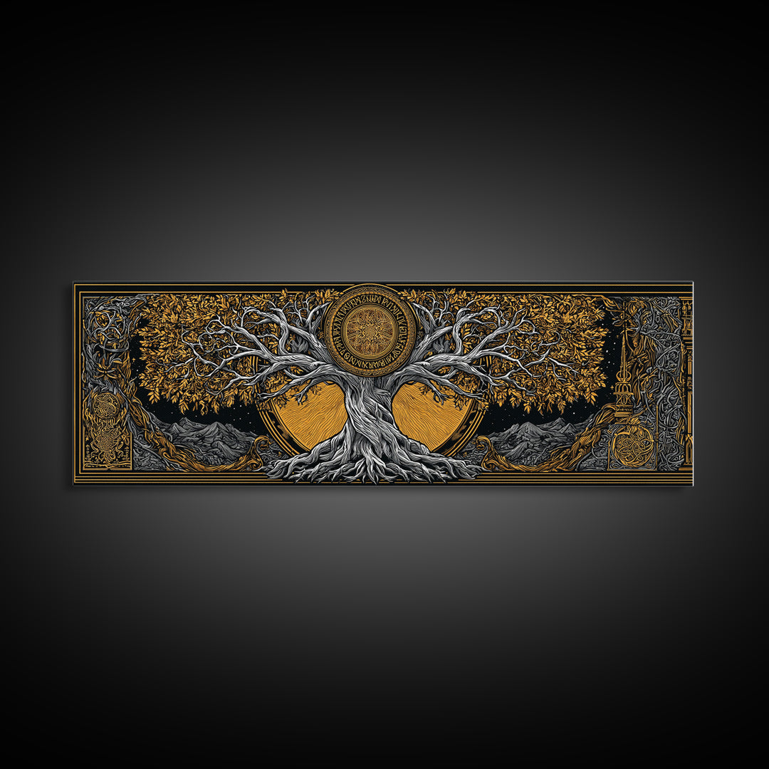 Yggdrasil Cosmic World Tree Canvas Gold Art Canvas Art Norse Decor for Man Cave or Dad Gift, with rustic real wood framing