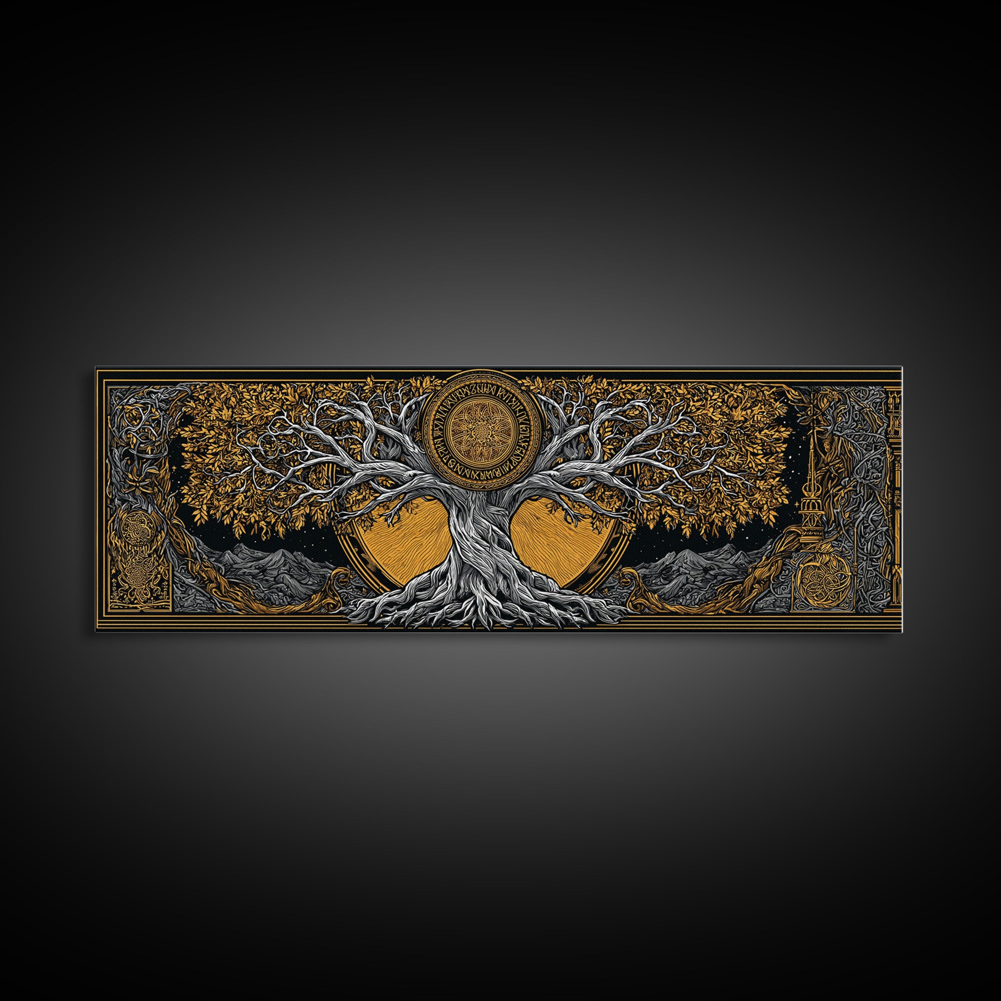 Yggdrasil Cosmic World Tree Canvas Gold Art Canvas Art Norse Decor for Man Cave or Dad Gift, with rustic real wood framing