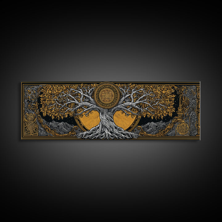Yggdrasil Cosmic World Tree Canvas Gold Art Canvas Art Norse Decor for Man Cave or Dad Gift, with rustic real wood framing