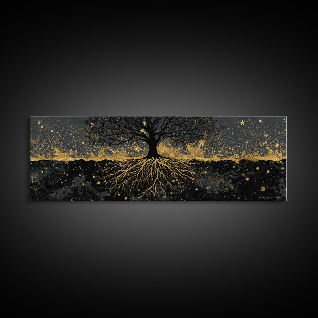 Nordic Tree of Life Yggdrasil Canvas Gold Art Canvas Art Norse Mythology Wall Decor, handcrafted in a premium real wood frame