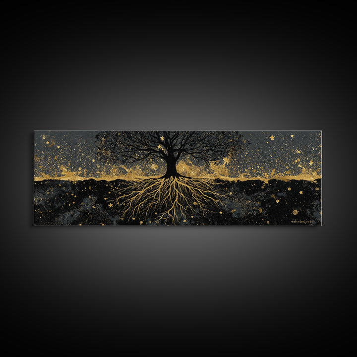Nordic Tree of Life Yggdrasil Canvas Gold Art Canvas Art Norse Mythology Wall Decor, handcrafted in a premium real wood frame