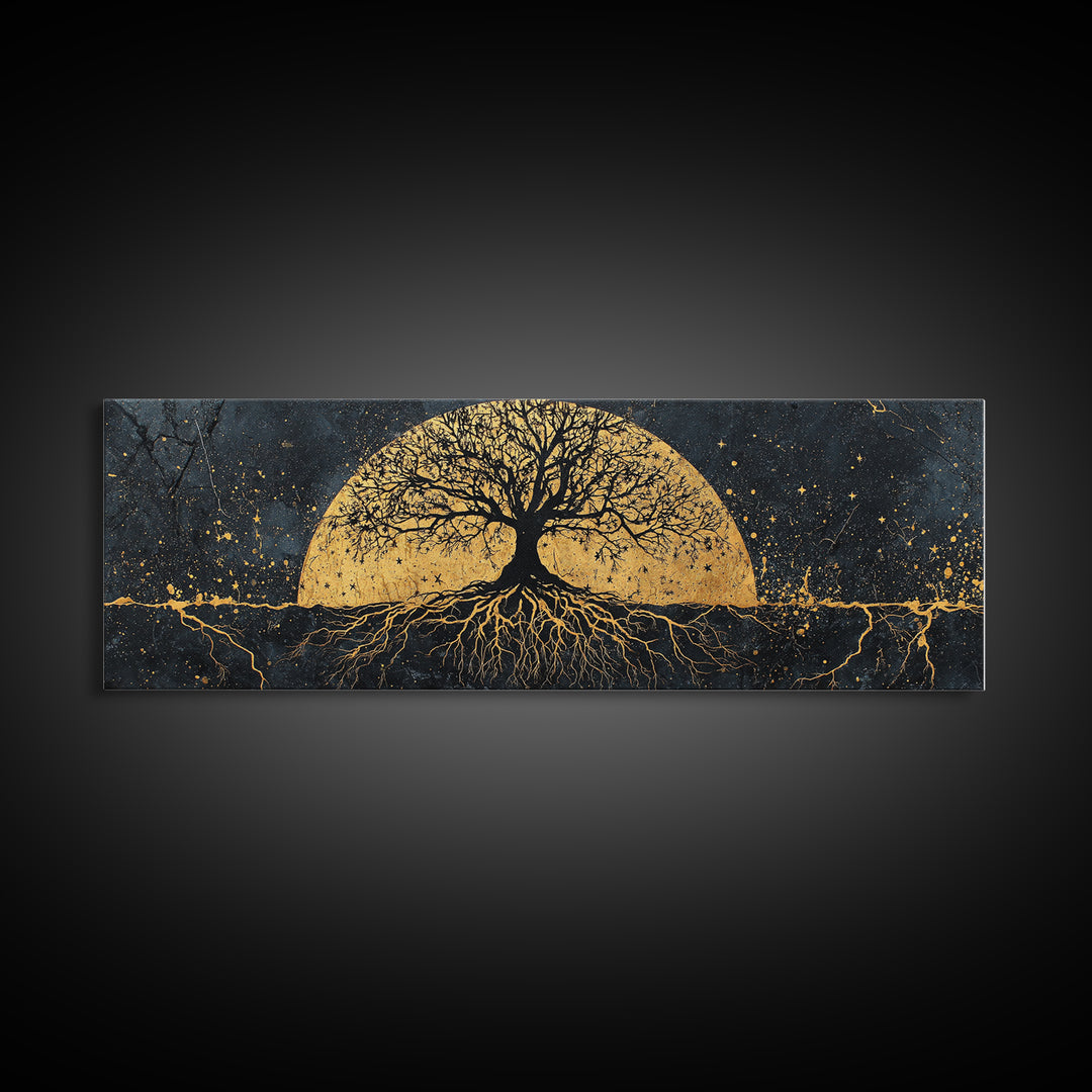 The World Tree Norse Yggdrasil Canvas Gold Art Canvas Art Cosmic Wall Decor for Office or Man Cave, framed in natural wood