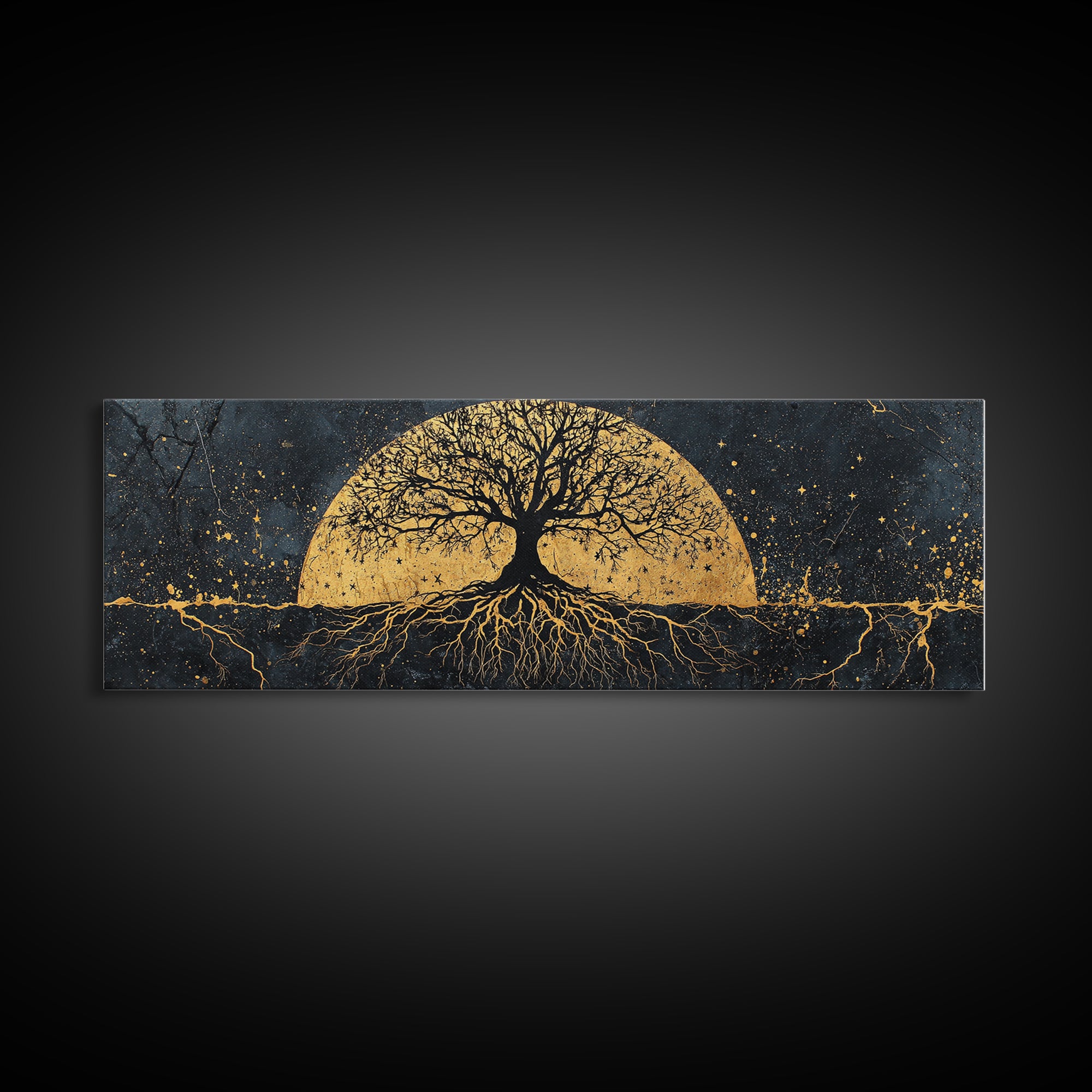 The World Tree Norse Yggdrasil Canvas Gold Art Canvas Art Cosmic Wall Decor for Office or Man Cave, framed in natural wood