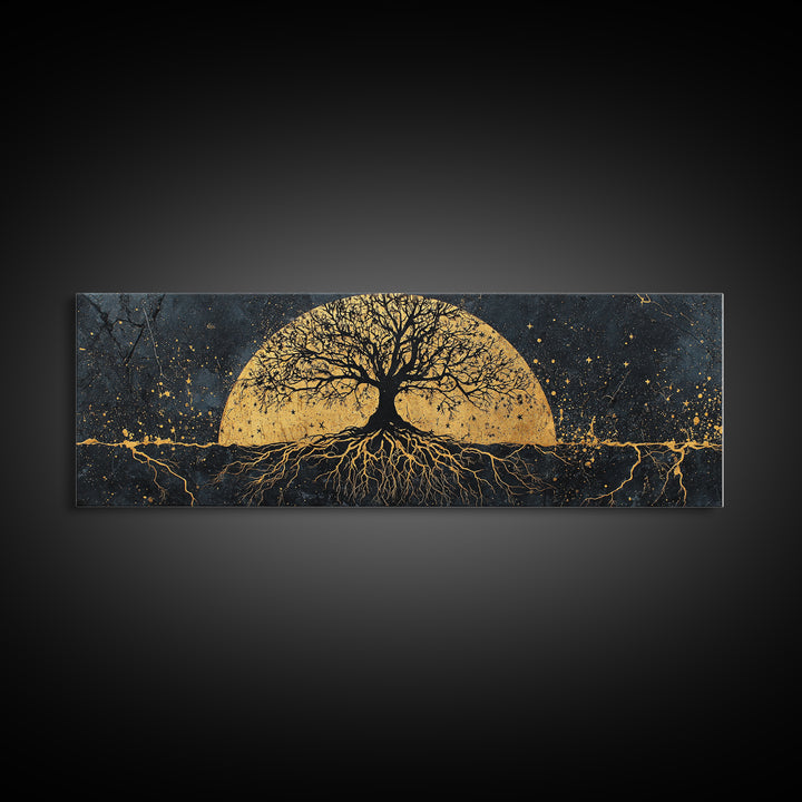 The World Tree Norse Yggdrasil Canvas Gold Art Canvas Art Cosmic Wall Decor for Office or Man Cave, framed in natural wood