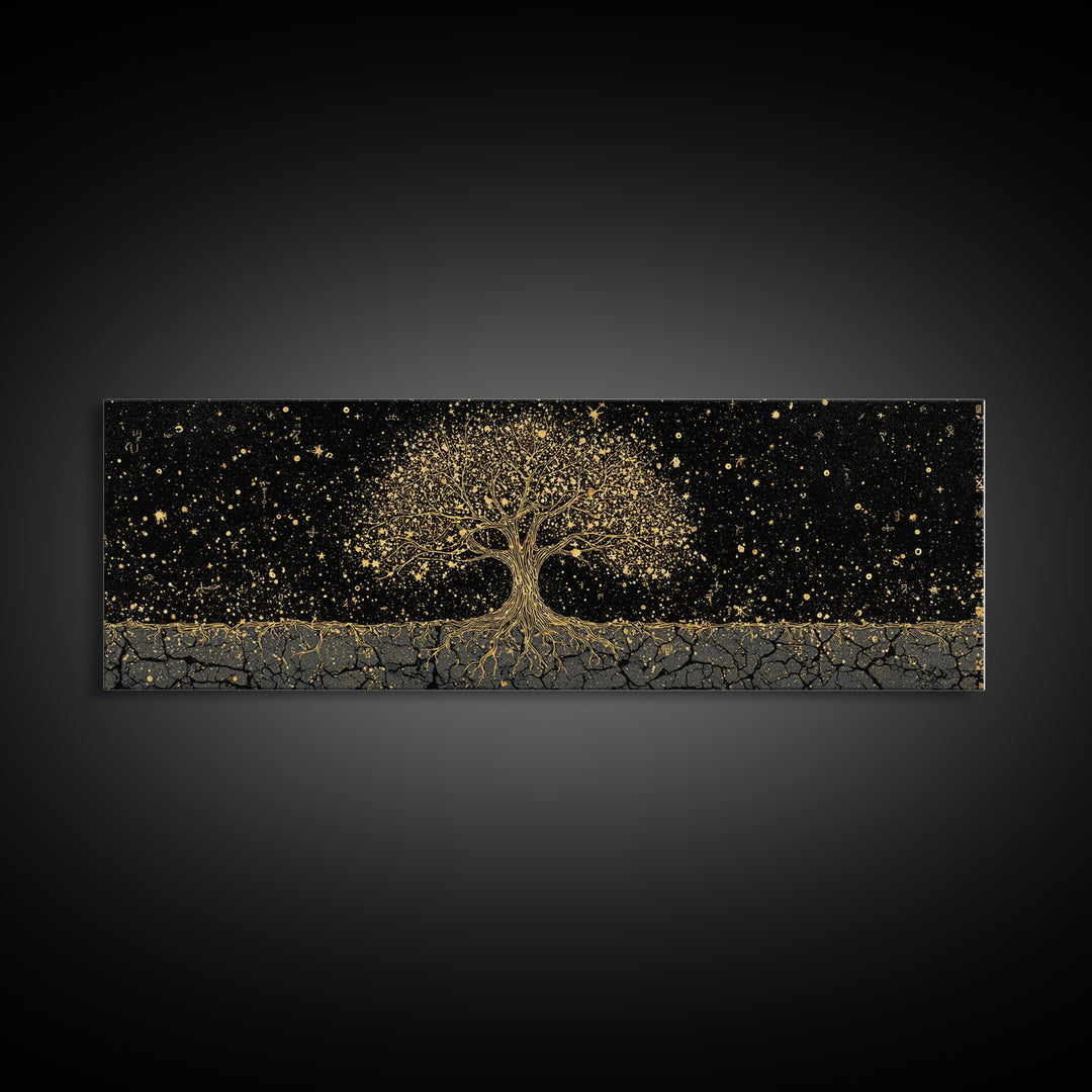 The World Tree Yggdrasil Canvas Gold Art Canvas Art Norse Mythology Wall Decor for Men’s Office, framed in solid natural wood