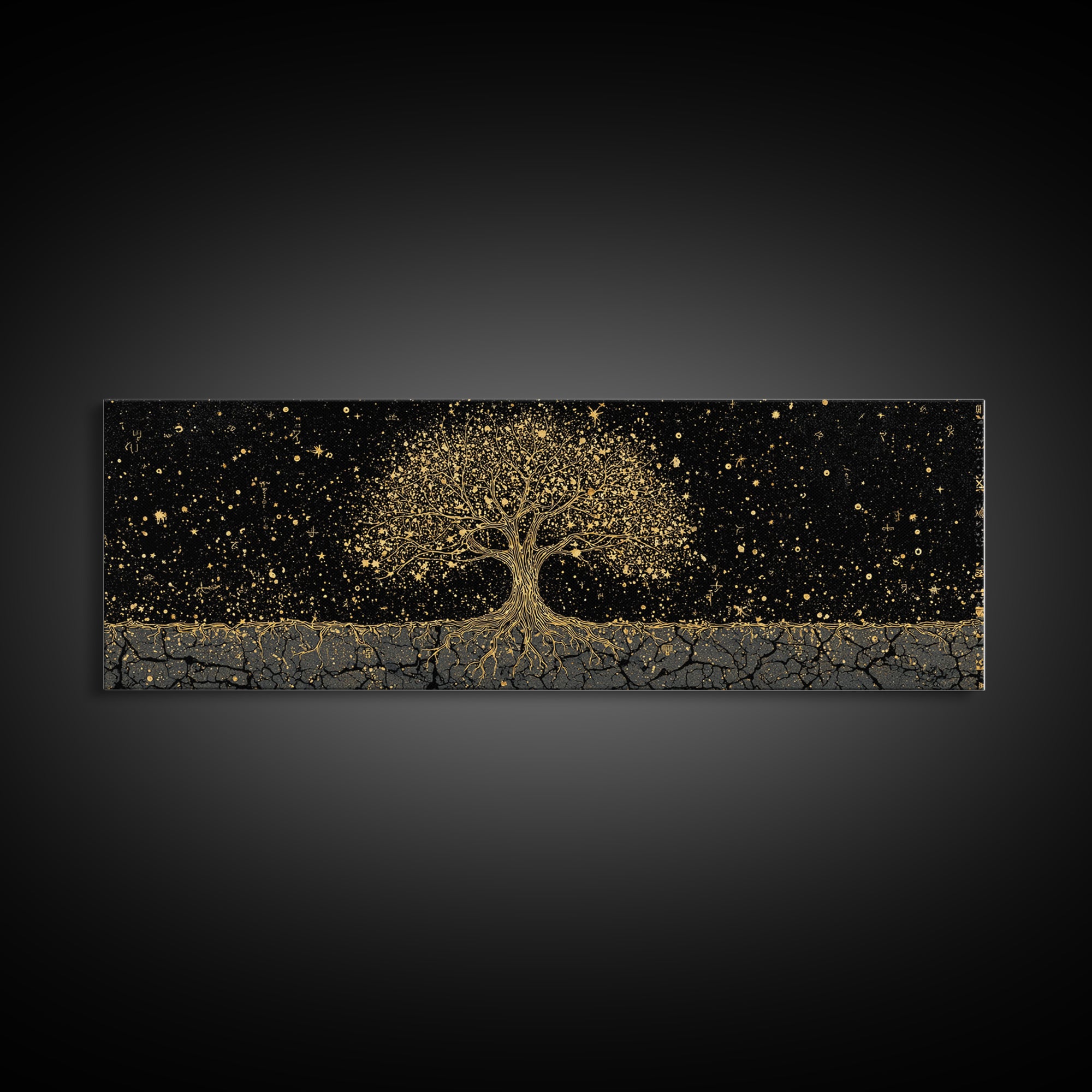 The World Tree Yggdrasil Canvas Gold Art Canvas Art Norse Mythology Wall Decor for Men’s Office, framed in solid natural wood