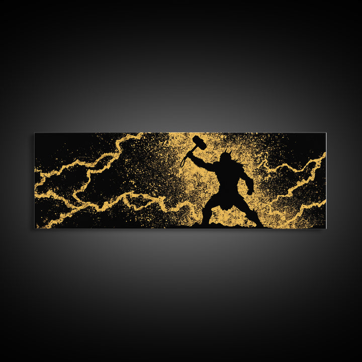 Nordic Thor with Mjolnir Canvas Gold Art Canvas Art Norse Mythology Wall Decor for Men’s Office, set in a real wood frame