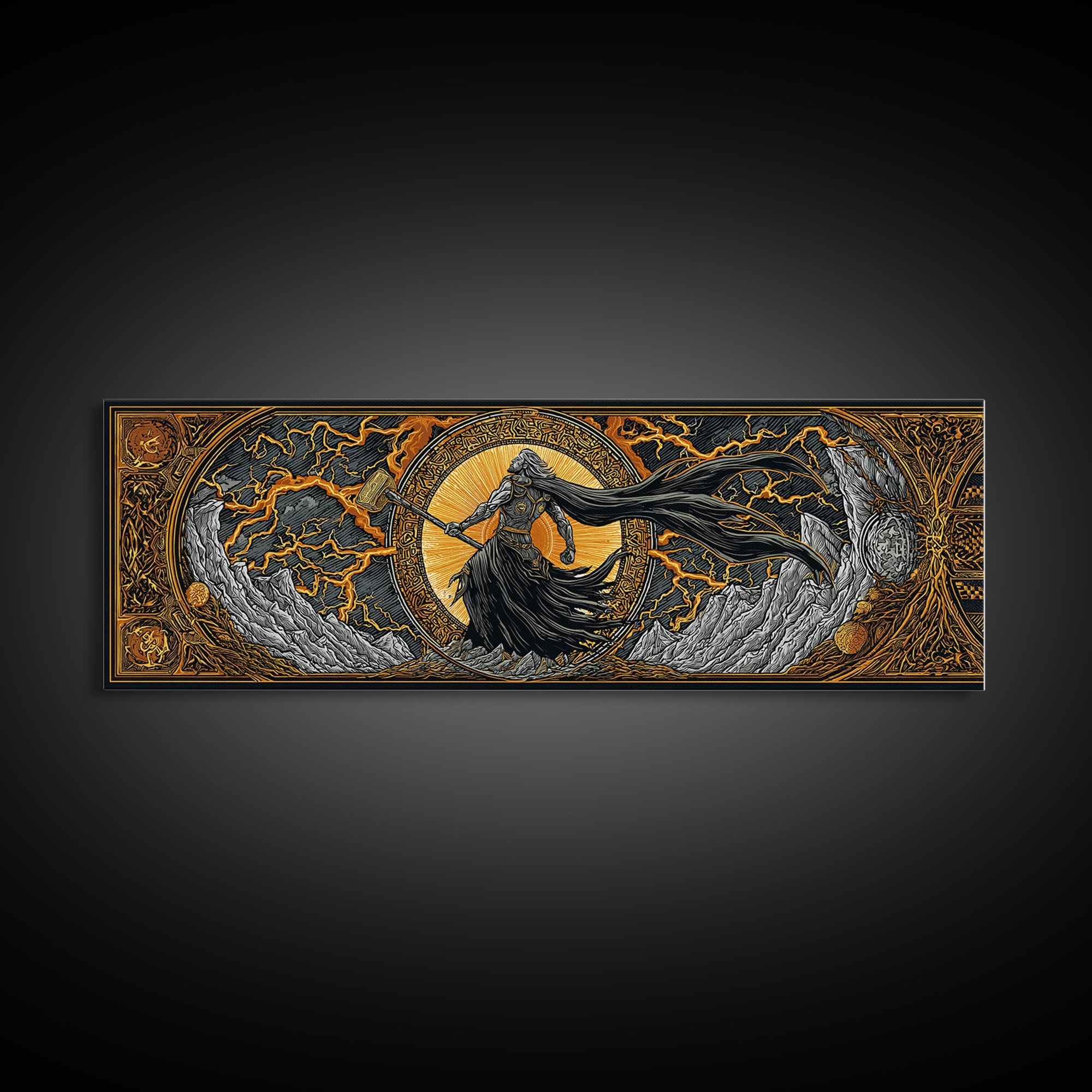Thor God of Thunder Canvas Gold Art Canvas Art Viking Wall Decor Norse Mythology Decor, with natural handcrafted wood framing