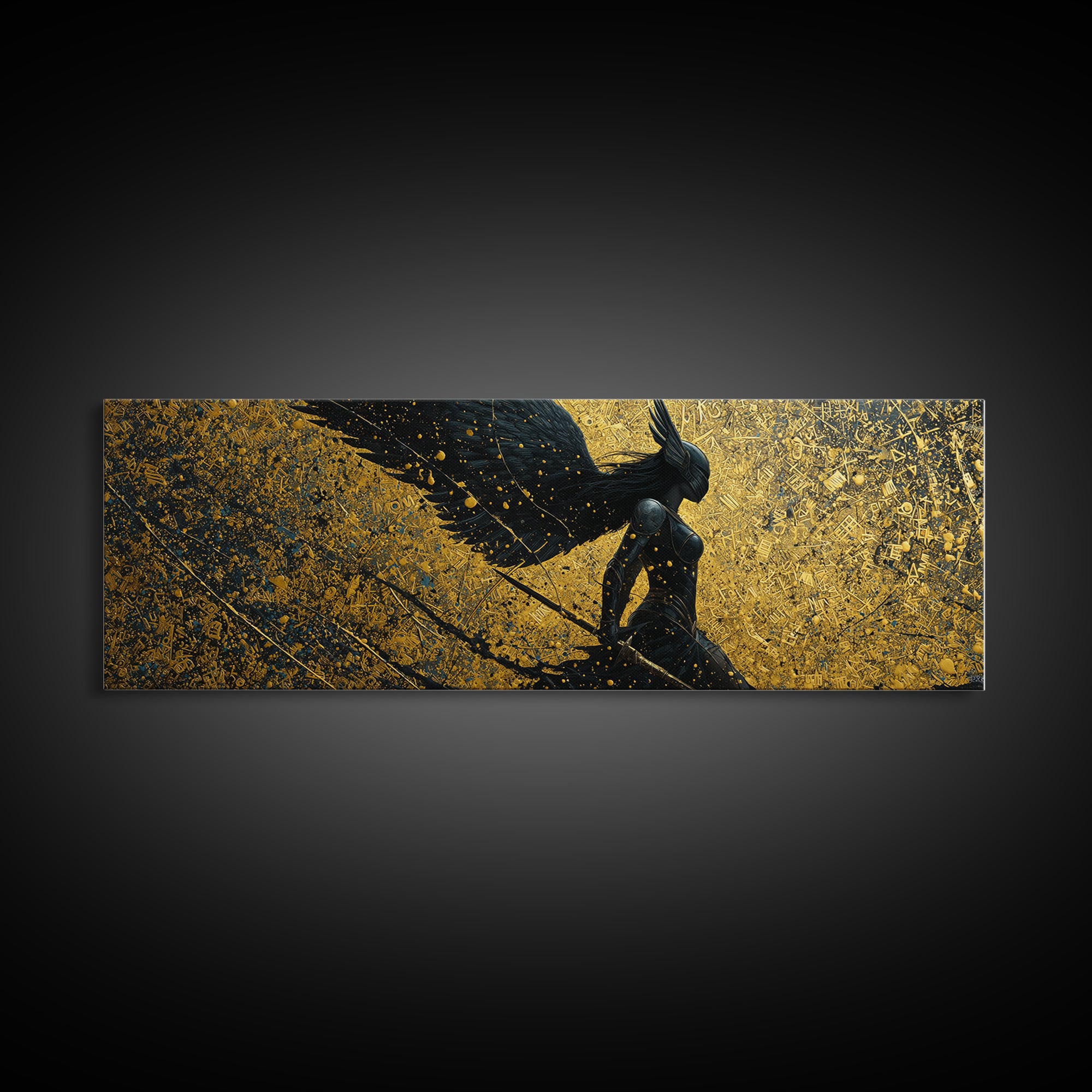 Valkyrie Warrior Canvas Gold Art Nordic Mythology Canvas Art, Office Wall Decor framed in natural wood, Viking Dad Gift