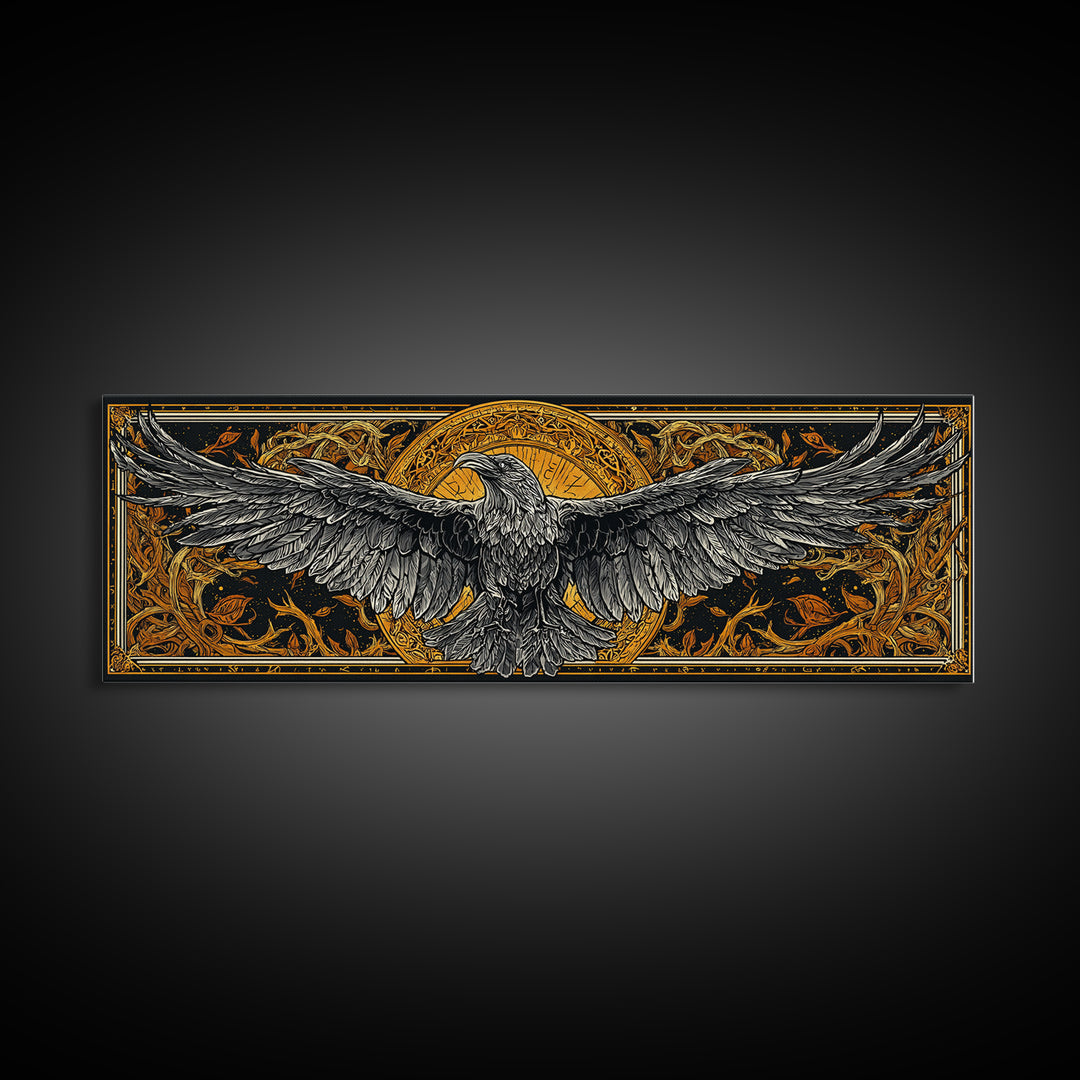 Mythical Valkyrie Helmet Canvas Gold Art Nordic Canvas Art, Norse Wall Hanging for Office or Man Cave framed in real wood