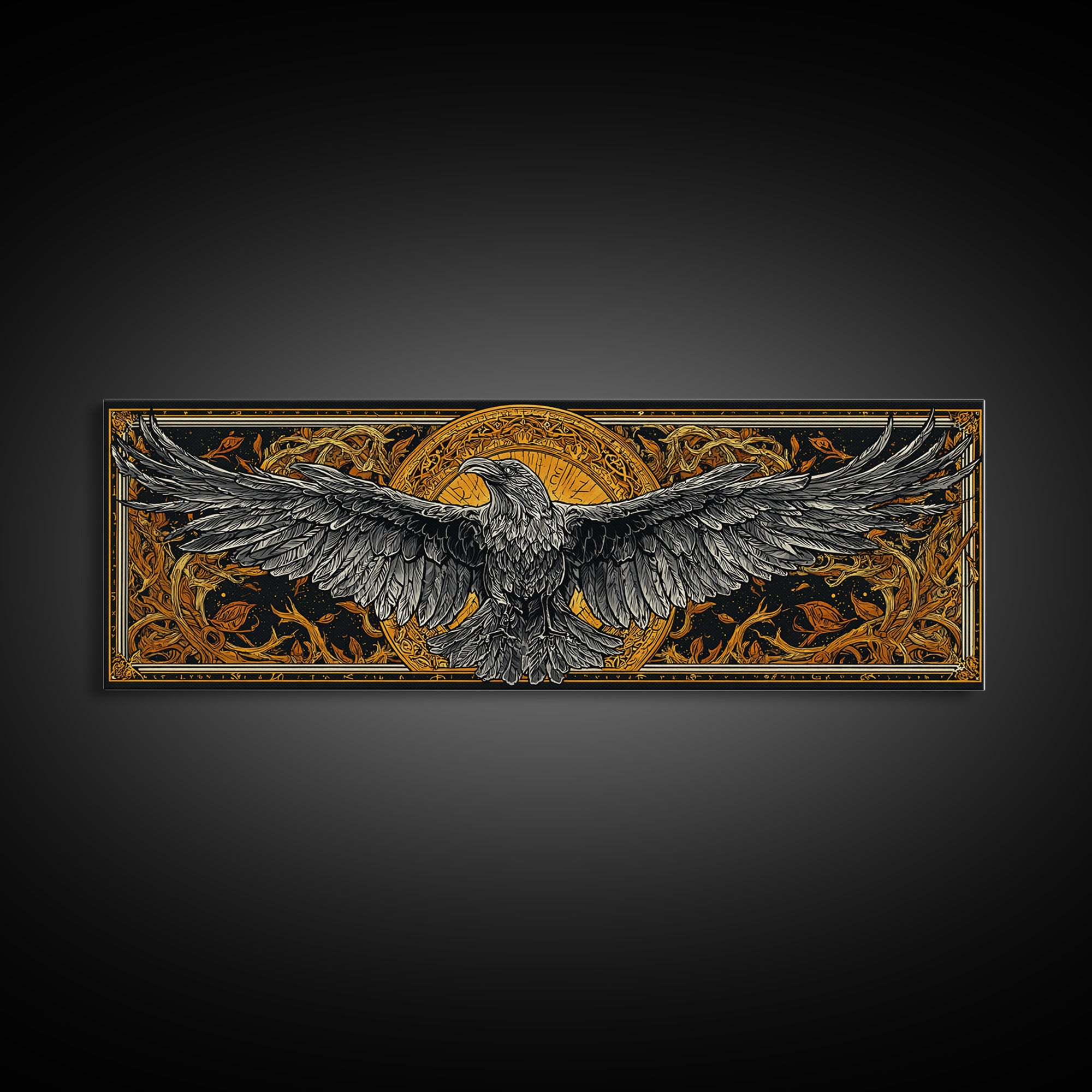 Mythical Valkyrie Helmet Canvas Gold Art Nordic Canvas Art, Norse Wall Hanging for Office or Man Cave framed in real wood