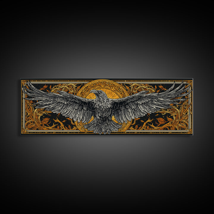Mythical Valkyrie Helmet Canvas Gold Art Nordic Canvas Art, Norse Wall Hanging for Office or Man Cave framed in real wood