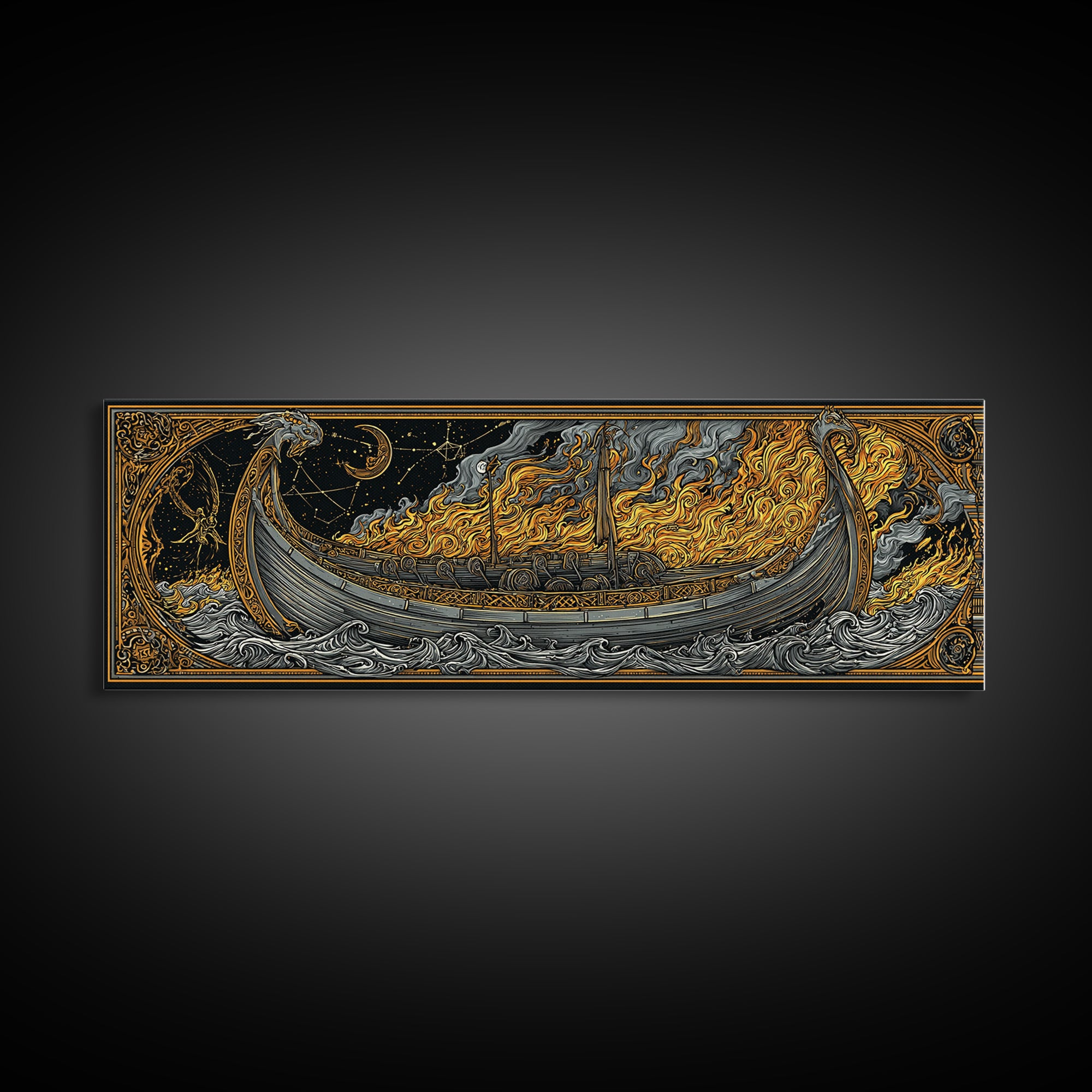 Norse Viking Longship Canvas Gold Art Canvas Art, Mythology Office Wall Decor with real wood frame, Unique Gift for Men