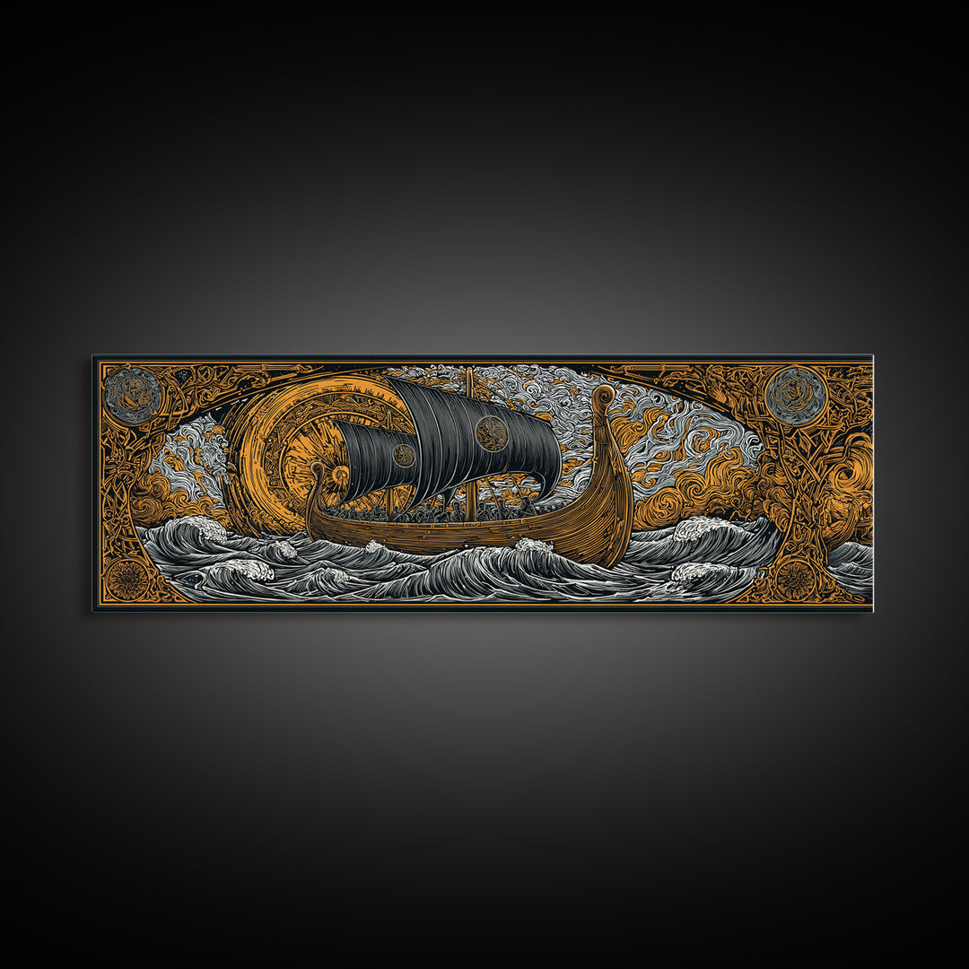 Nordic Viking Helmet Canvas Gold Art Canvas Art, Man Cave Decor in natural wood frame, Mythology Wall Art Office Gift