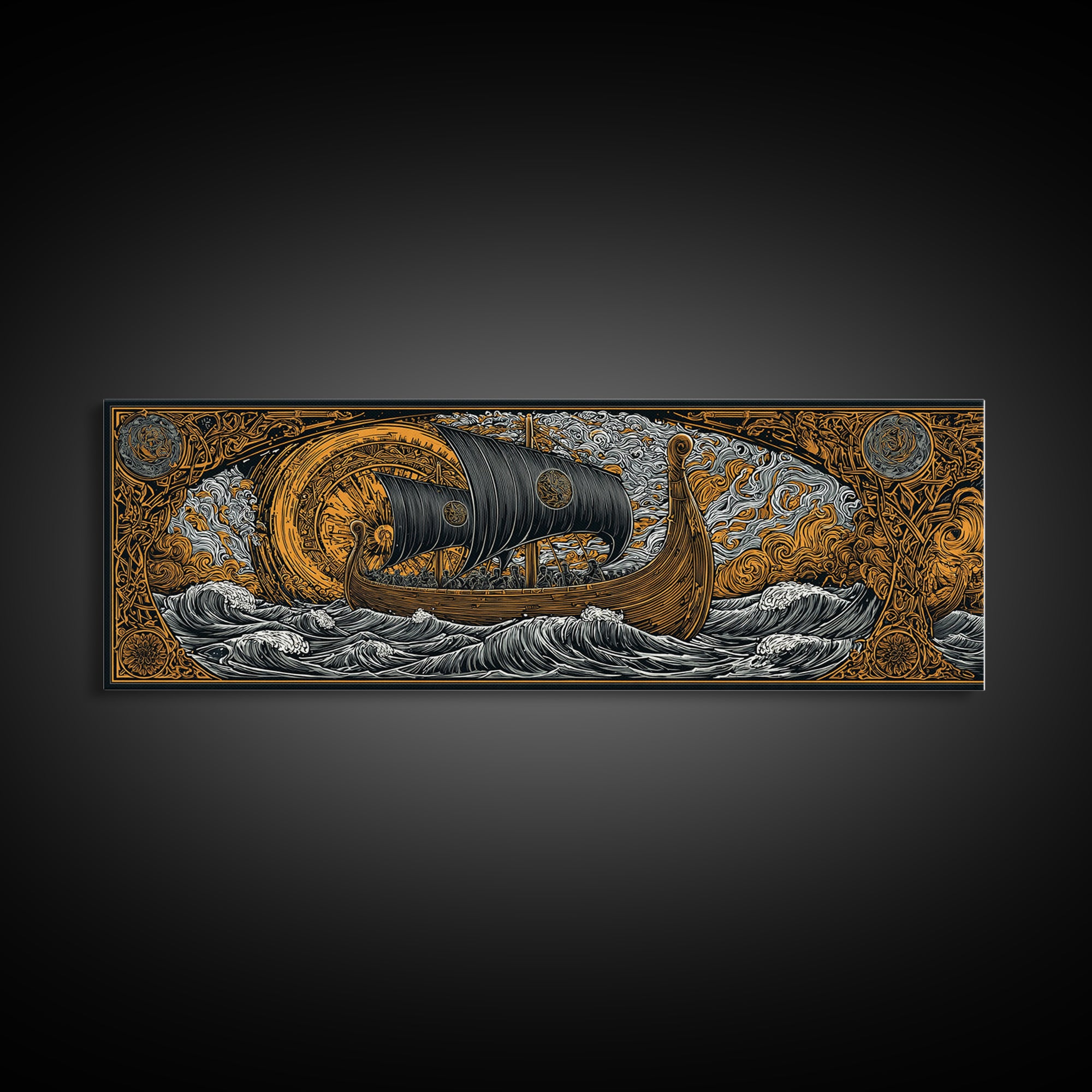 Nordic Viking Helmet Canvas Gold Art Canvas Art, Man Cave Decor in natural wood frame, Mythology Wall Art Office Gift