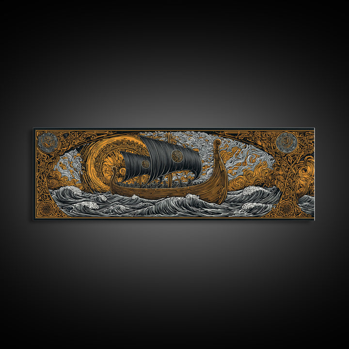 Nordic Viking Helmet Canvas Gold Art Canvas Art, Man Cave Decor in natural wood frame, Mythology Wall Art Office Gift