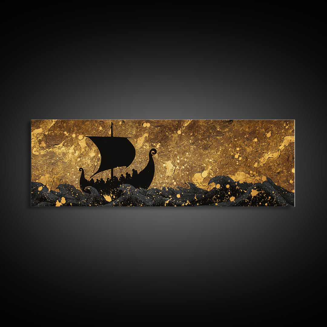 Viking Funerary Ship Canvas Gold Art Norse Mythology Canvas Art, Office Wall Decor framed in real wood, Dad Gift Man Cave