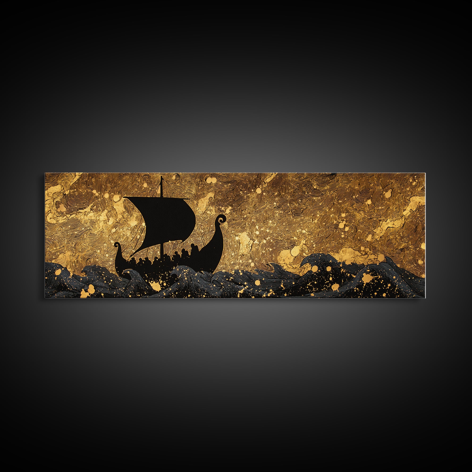 Viking Funerary Ship Canvas Gold Art Norse Mythology Canvas Art, Office Wall Decor framed in real wood, Dad Gift Man Cave