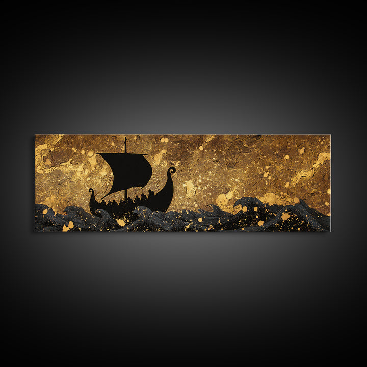 Viking Funerary Ship Canvas Gold Art Norse Mythology Canvas Art, Office Wall Decor framed in real wood, Dad Gift Man Cave