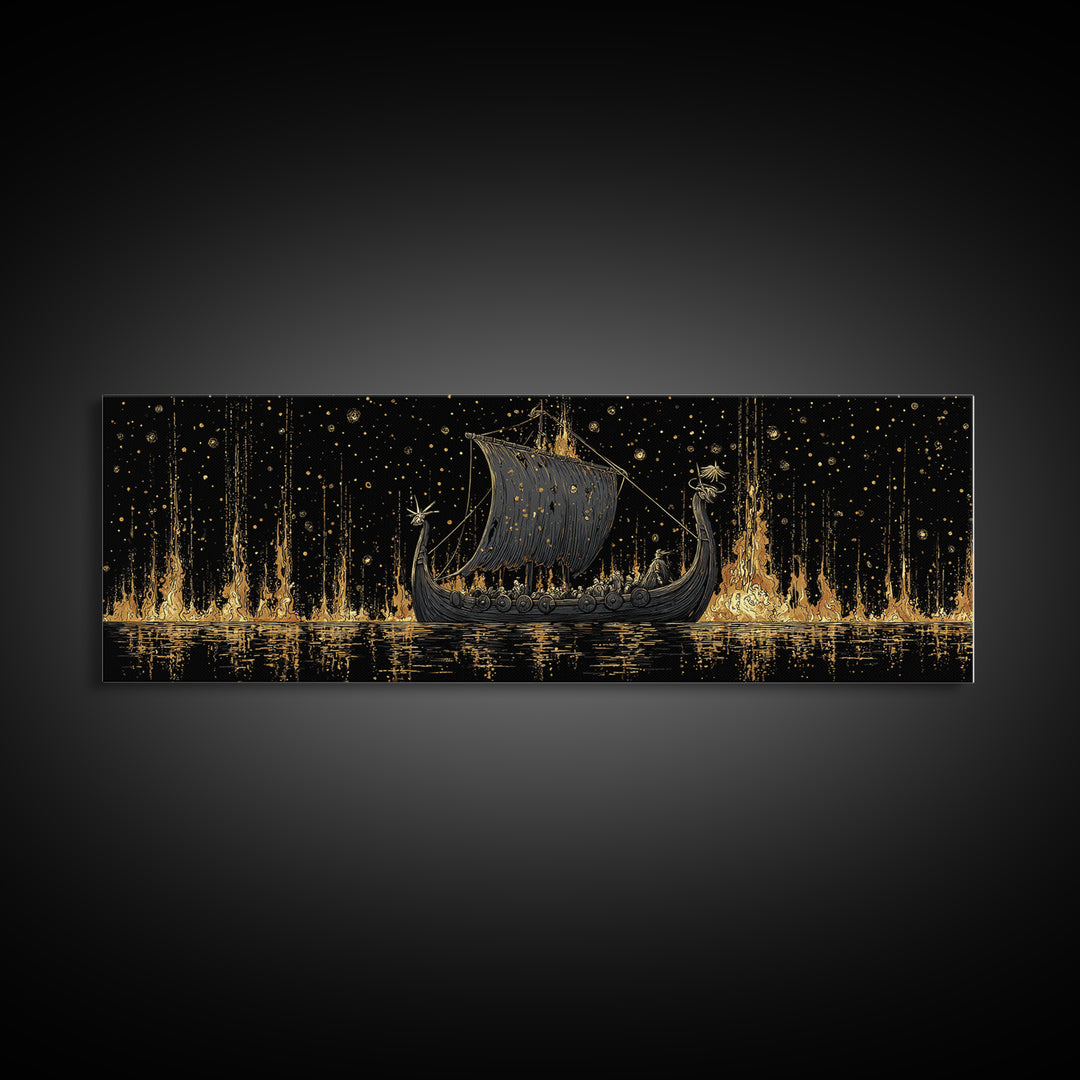 Nordic Viking Warriors Canvas Gold Art Canvas Art, Mythology Office Wall Hanging in natural wood frame, Gift for Him Decor